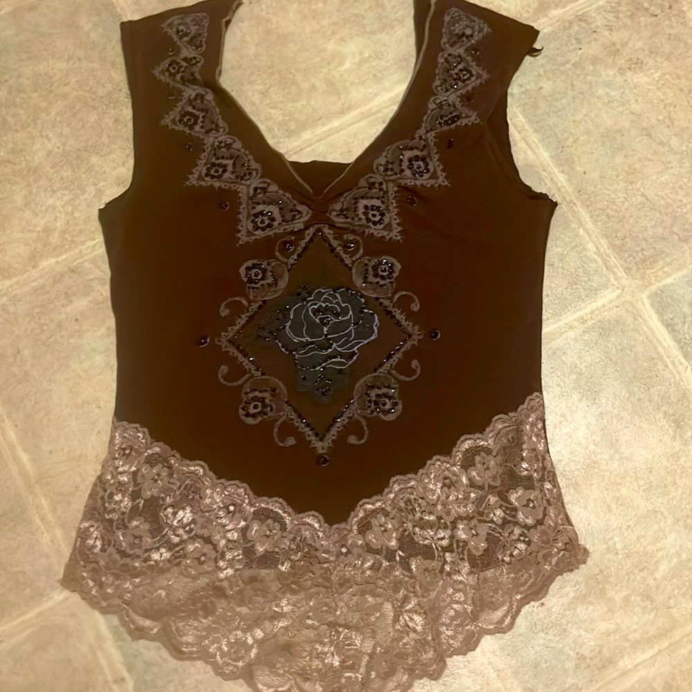 Brown and tan tank top with lace and beading